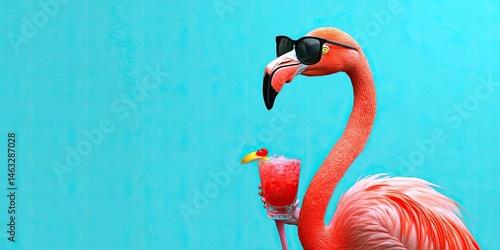 Cool Flamingo Enjoying a Tropical Cocktail by the Poolside on a Sunny Day