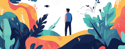 Man contemplating nature amidst vibrant foliage and wildlife in abstract landscape.
