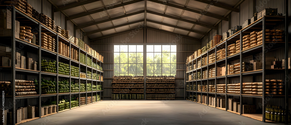 Fototapeta premium Wide Shot Of Industrial Warehouse With Storage Racks