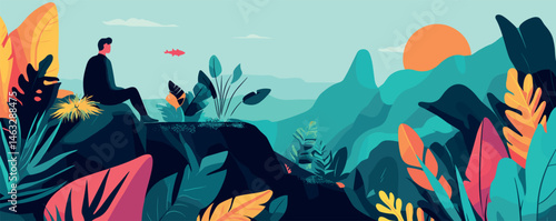 Man admiring sunrise over vibrant tropical landscape with lush foliage and distant hills.