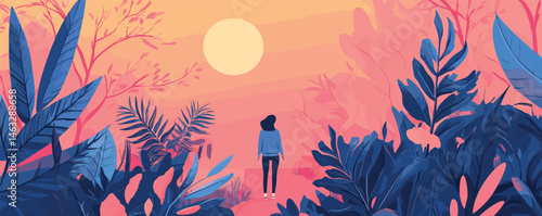 Woman admiring sunset in vibrant jungle landscape with lush blue and pink foliage.