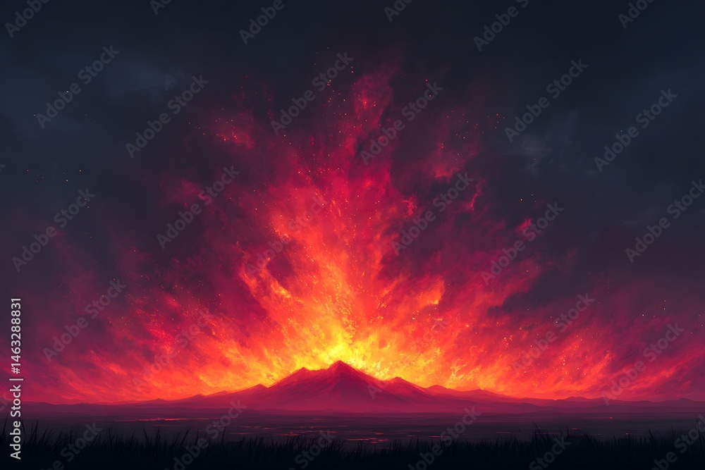 Fototapeta premium Fiery Volcanic Eruption at Night Dramatic Landscape Painting