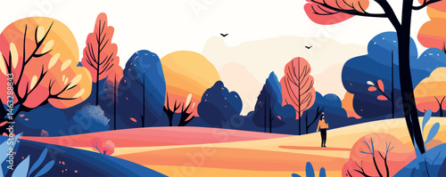 Autumn landscape with vibrant trees and solitary figure in peaceful park at sunset.