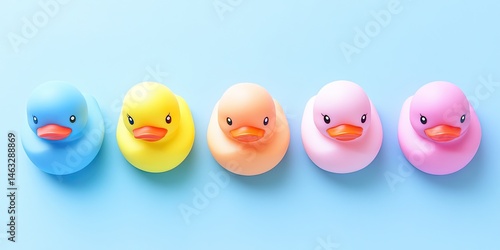 Five Colorful Rubber Ducks in a Row on a Pastel Blue Background: A Playful and Cheerful Image