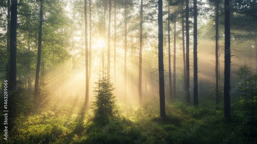 Naklejka premium Sun rays shine through trees in a misty forest