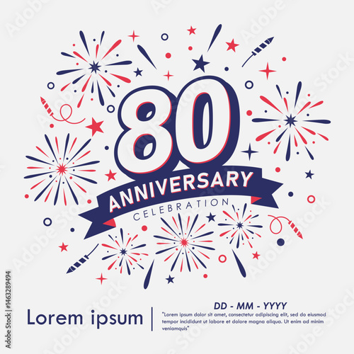 80th years anniversary celebration emblem. anniversary logo isolated with fireworks and stars sparkle and ribbon. vector illustration template design for web, flyers, poster, greeting card
