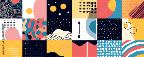 Colorful geometric abstract art collage with diverse patterns and modern design elements.
