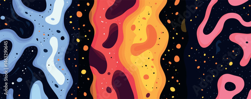 Colorful abstract fluid patterns with bold red, yellow, and blue waves on black background.