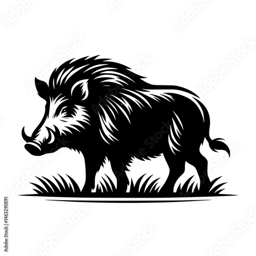 Wild Pig Animal Silhouette Vector in Black and White