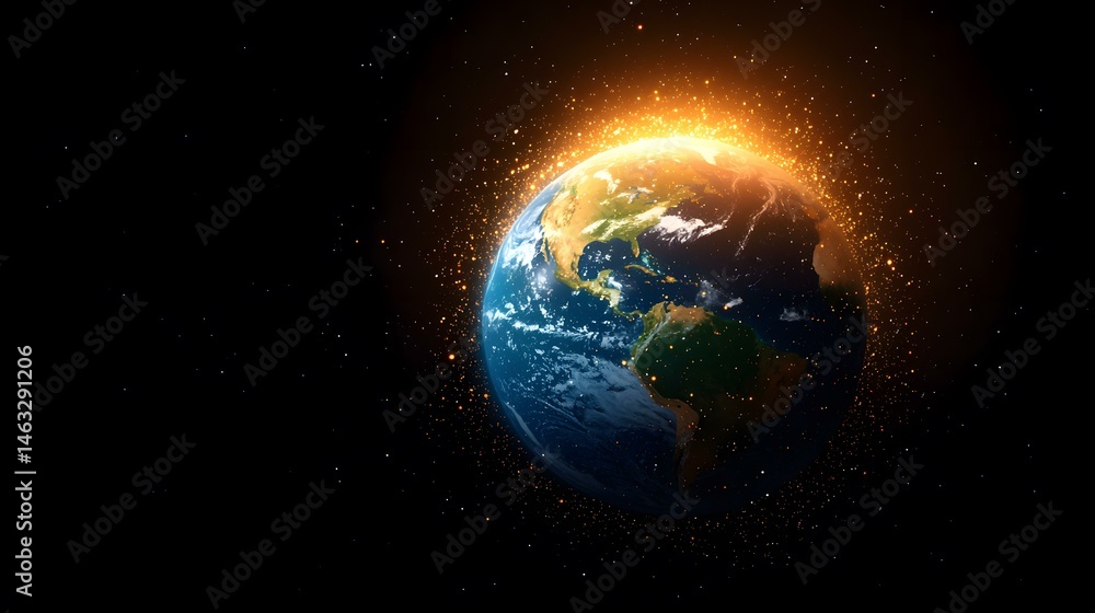 Fototapeta premium The image shows a digitally enhanced view of Earth from space, with glowing particles emanating from its surface, suggesting a fiery or energetic effect.