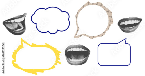 Various comic-style speech bubbles with halftone mouth illustrations, isolated on white background, for creative communication or design template concept
