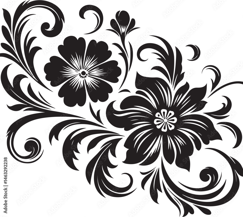Elegant Black Floral Vector Design with Ornamental Swirls and Detailed Decorative Flowers for Invitations, Tattoos, and Graphic Artwork Elegant Black Floral Vector Design with Ornamental Swirls and Detailed Decorative Flowers for Invitations, Tattoos, and Graphic Artwork