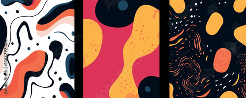 Abstract geometric patterns in red, yellow, and black with dynamic flowing shapes.