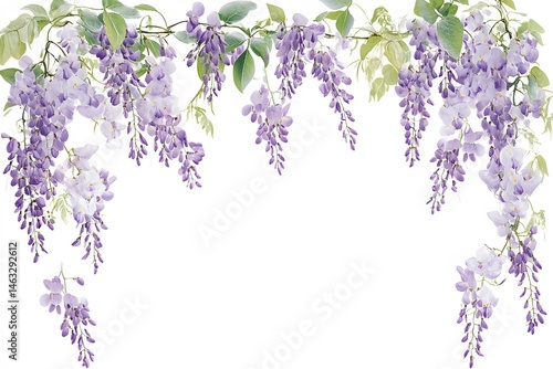 Beautiful watercolor illustration of hanging wisteria flowers in shades of purple and green with white background