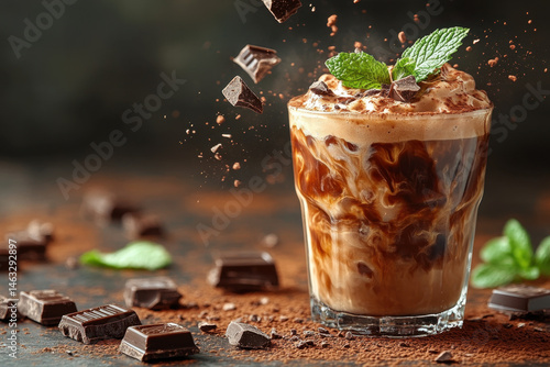 Iced coffee with chocolate and mint in a glass.
