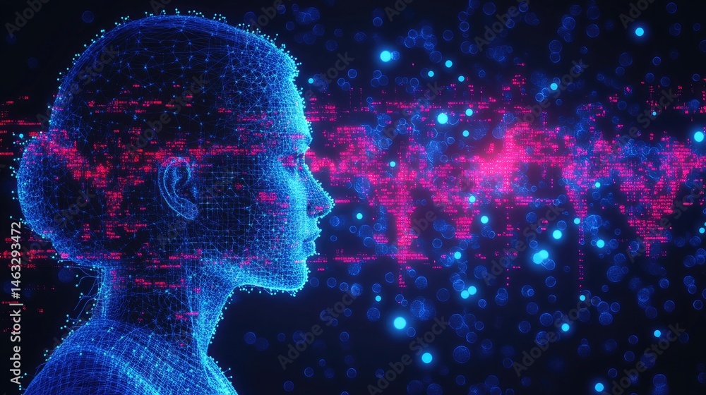 A glowing blue wireframe of a human head profile contrasts against scattered red data points on a dark futuristic. A glowing blue wireframe of a human head profile contrasts against scattered red data points on a dark futuristic.