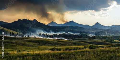 Dramatic Sunset Over Wildfire-Affected Mountain Range in Montana, USA