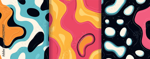 Colorful abstract fluid patterns with wavy shapes in triptych design.
