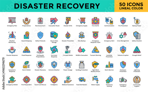 Disaster Recovery icons set with emergency plan, preparedness, risk assessment, evacuation route, disaster drills, emergency supply, first aid kit, communication icon. Simple lineal color vector 
