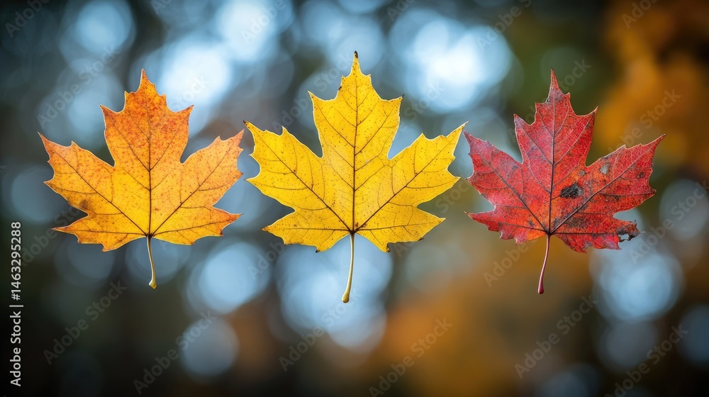 Three vibrant maple leaves display autumn's colorful transition in a symphony of yellow, orange. Three vibrant maple leaves display autumn's colorful transition in a symphony of yellow, orange.