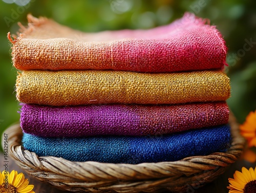 Colorful Towels in Vintage Basket on Table