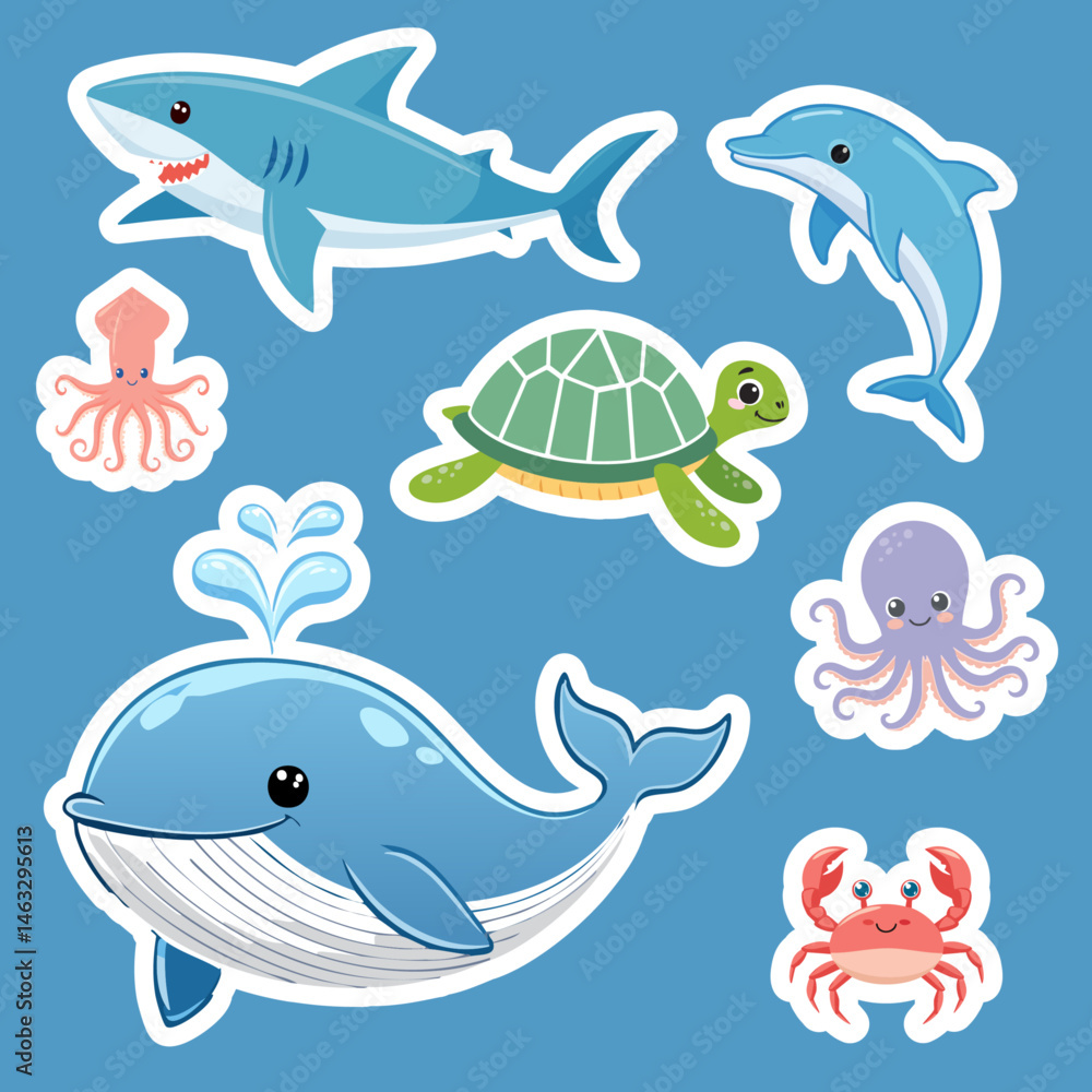 Obraz premium Ocean Animal Vector Set – Shark, Squid, Sea Turtle, Dolphin, Octopus, Whale, and Crab