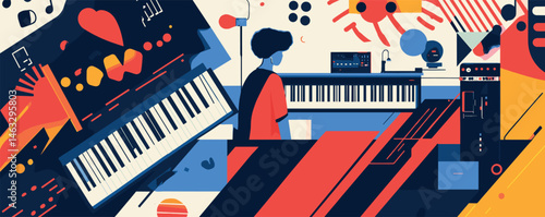 Vibrant music studio with young man composing on keyboard surrounded by abstract art.