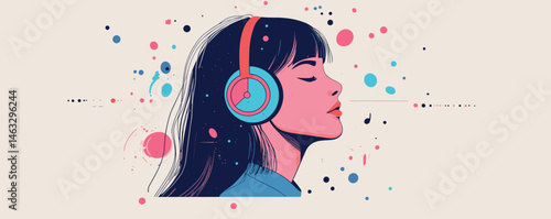 Artistic portrait of a young woman listening to music with headphones.