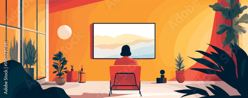 Woman viewing art in modern room with plants and colorful decor.