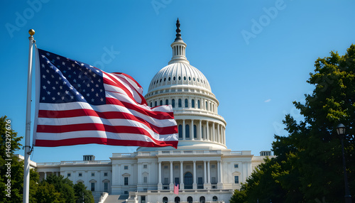 American flag flutters in front of u.S. Capitol washington d.C. Architectural photography clear blue sky iconic landmark