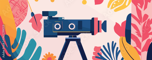 Vintage camera illustration with floral elements in vibrant colors.