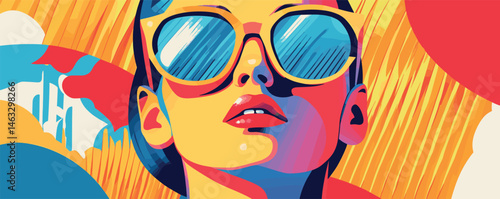 Colorful pop art of woman wearing sunglasses with reflective lenses and bold graphic design.