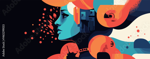 Abstract female portrait in bold blue and orange geometric patterns and shapes.