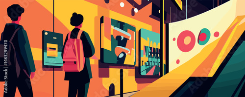 Young adults in modern art museum with colorful exhibits and interactive displays.