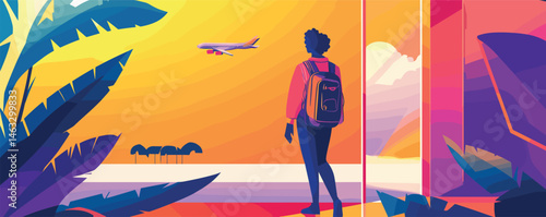 Vibrant scene of a traveler watching a plane with tropical sunset background.