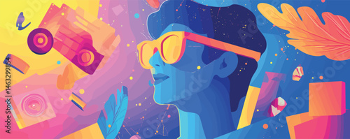 Vibrant abstract art of young man in sunglasses with surreal elements and bright colors.