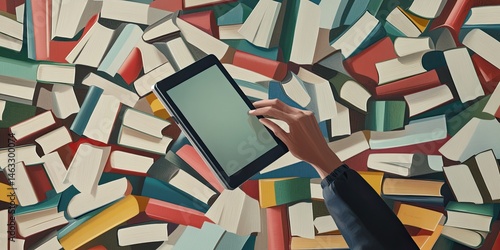 Digital vs. Analog: A Hand Interacts with a Tablet Amidst a Sea of Books, Exploring the Modern Reading Landscape and the Coexistence of Traditional and Digital Literature