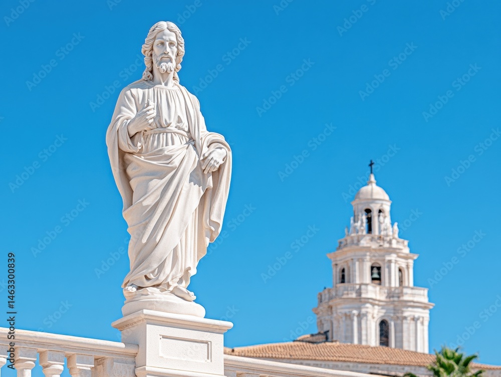 Fototapeta premium Statue of a religious figure, overlooking a church