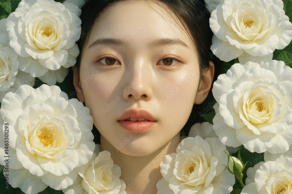 Naklejka premium Portrait of a beautiful young Asian woman surrounded by white roses