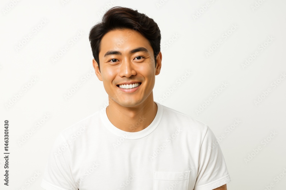 Handsome Asian man smiling in white t-shirt on white background Handsome Asian man smiling in white t-shirt on white background