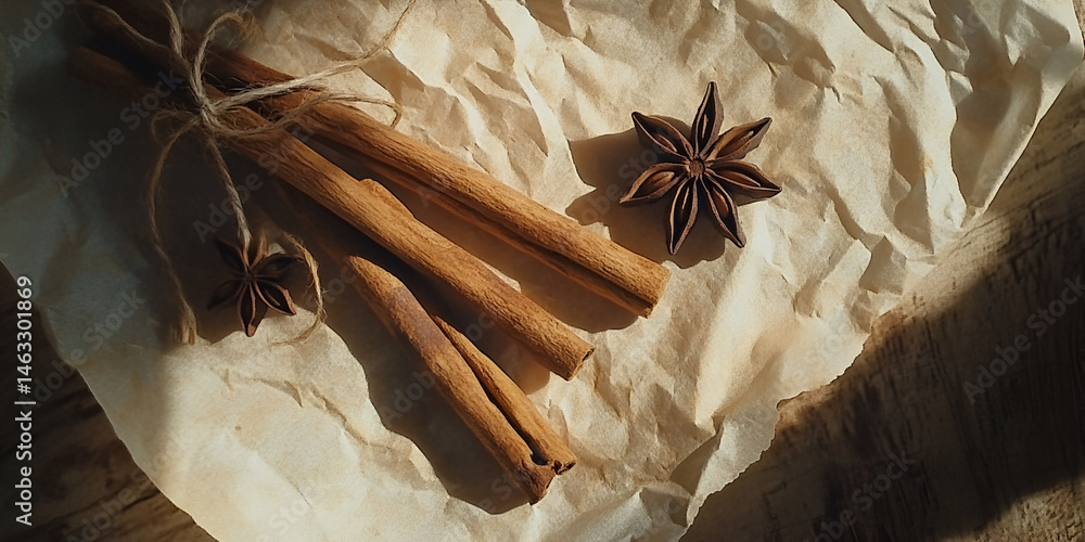 Cinnamon Sticks and Star Anise on Rustic Parchment