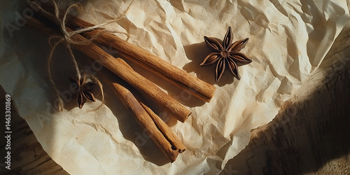 Obraz na płótnie Cinnamon Sticks and Star Anise on Rustic Parchment
w salonie