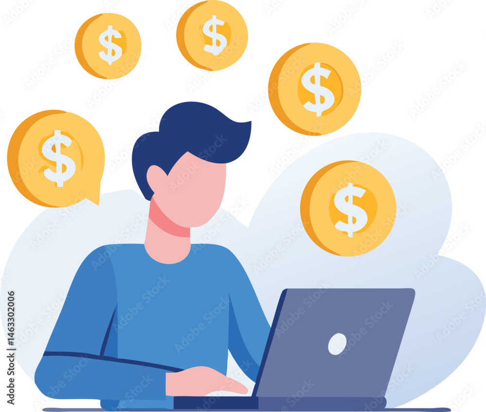 Modern Digital Illustration of Remote Worker Earning Money Online with Floating Gold Coins
Modern Digital Illustration of Remote Worker Earning Money Online with Floating Gold Coins