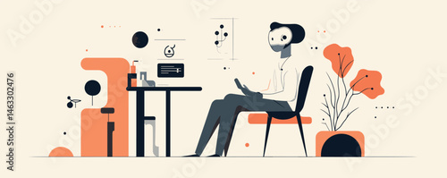 Man with vr headset in abstract office setting, engaged with technology and futuristic elements.