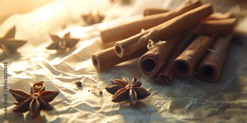 Cinnamon Sticks and Star Anise on Rustic Parchment