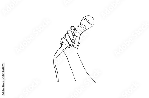 Continuous one line drawing of Hand holding microphone. Single line drawing illustration of for Microphone interview. World press freedom concept vector art. Doodle line illustration.