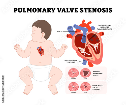Baby Pulmonary Valve Stenosis, educational medical poster design healthcare, labeled thickened and narrowed heart anatomy, Congenital heart disease, normal open and closed valve.