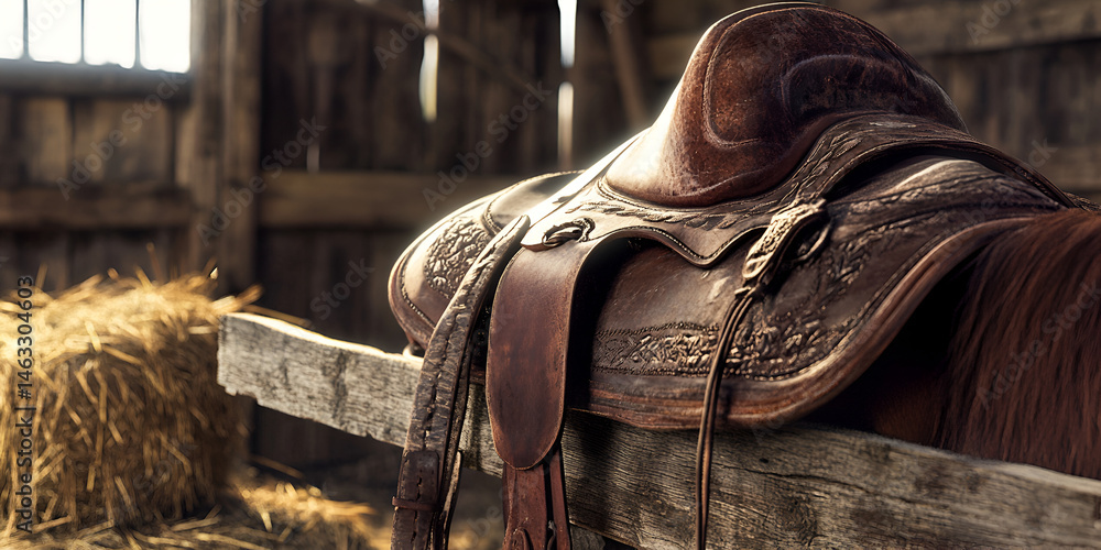 Vintage Leather Horse Saddle in Rustic Barn Setting