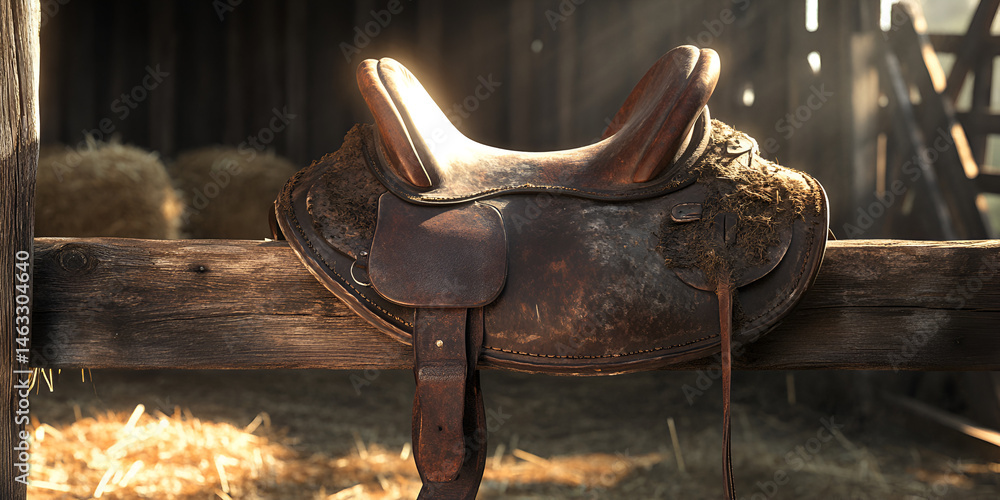Vintage Leather Horse Saddle in Rustic Barn Setting