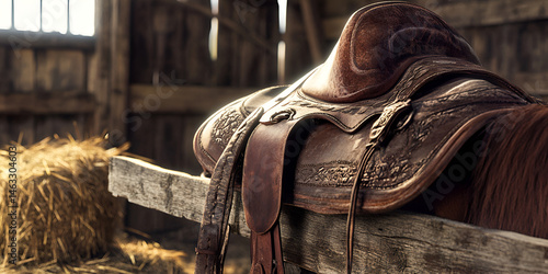 Obraz na płótnie Vintage Leather Horse Saddle in Rustic Barn Setting
w salonie